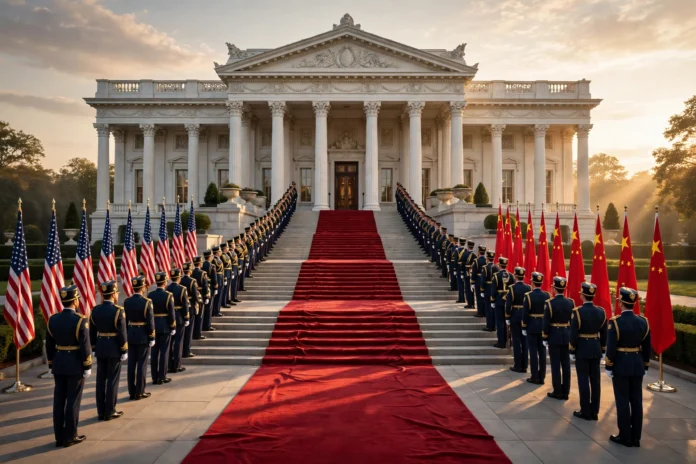A red carpet unrolls down the steps of a presidential residence, flanked by American and Chinese flags and an honor guard at attention