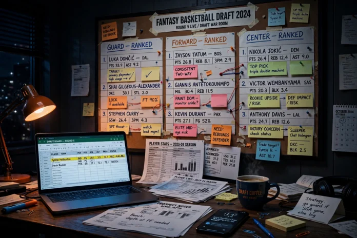 A fantasy basketball draft war room: a board of ranked player names and sticky notes above a desk with a laptop and printed stat sheets