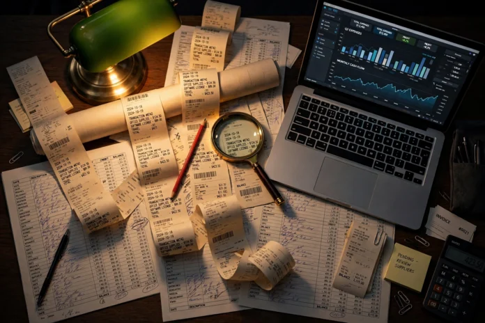 An accountant's desk at night, long paper receipts unrolled across spreadsheets and a laptop, with a red pencil and a magnifying glass under a desk lamp