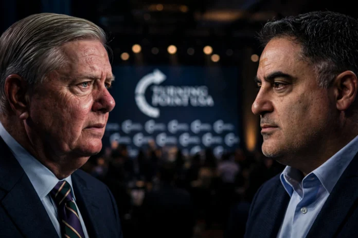 Lindsey Graham and Cenk Uygur facing off over a Turning Point USA backdrop