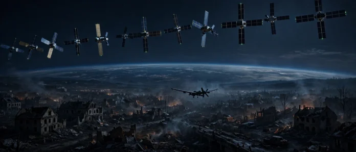 Communications satellites in orbit above a dark battlefield, with a lone military drone flying below